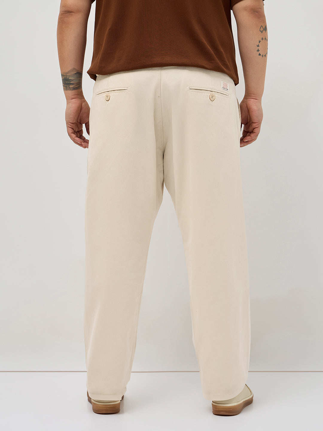 Plus Men's Cream Straight Fit Mid Rise Cotton Casual Chinos Trousers Stretch