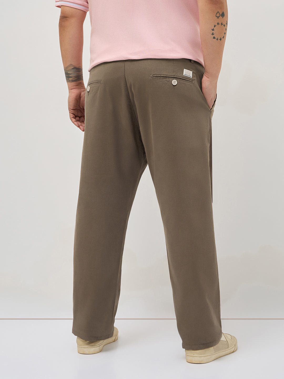 Plus Men's Dark Taupe Straight Fit Mid Rise Cotton Casual Chinos Trousers Stretch