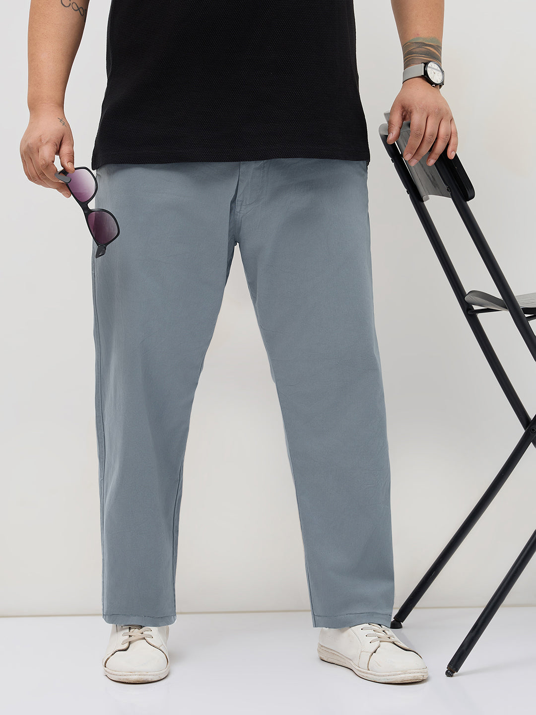 Plus Men's Light Blue Straight Fit Mid Rise Cotton Casual Chinos Trousers Stretch