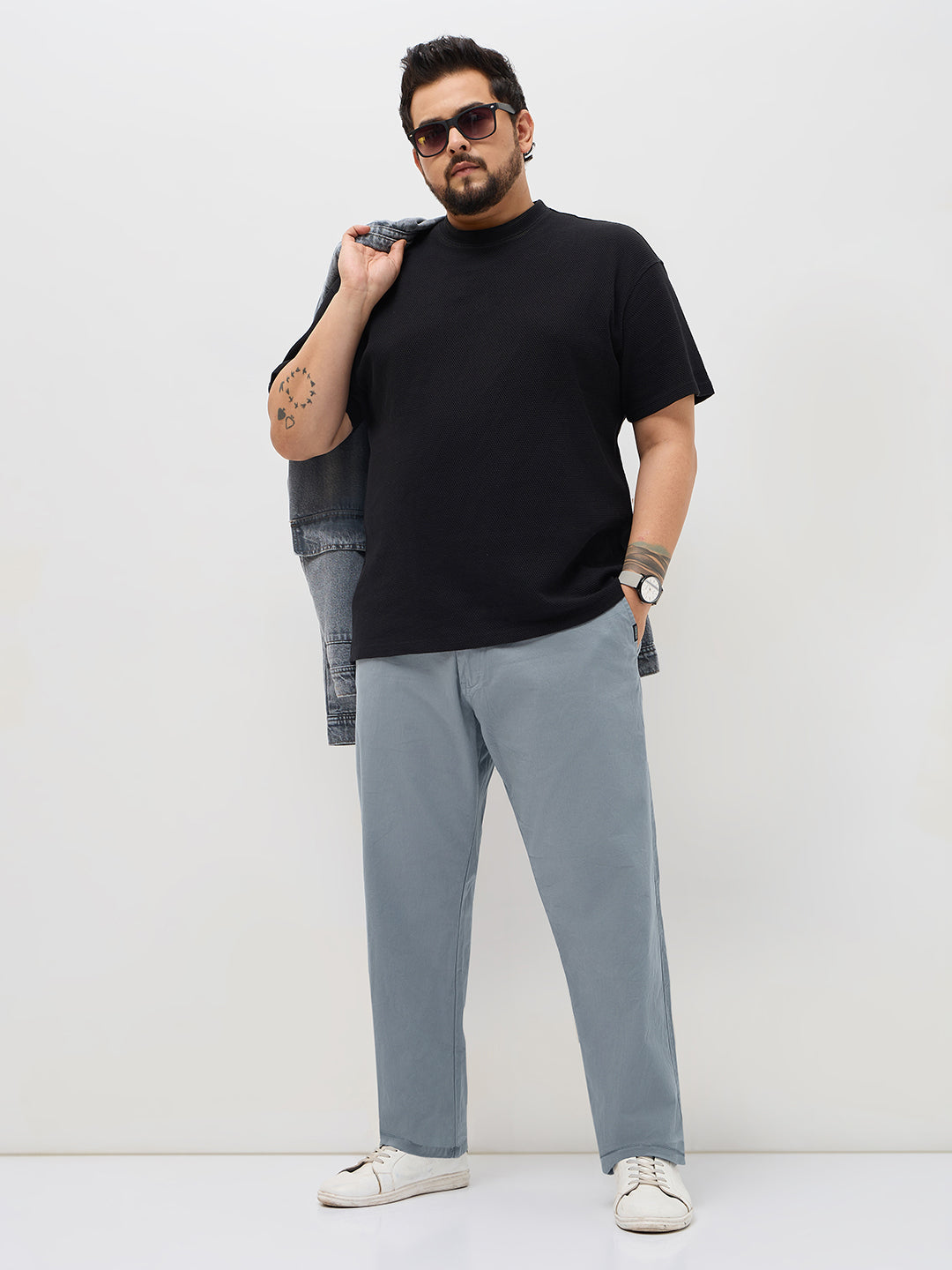 Plus Men's Light Blue Straight Fit Mid Rise Cotton Casual Chinos Trousers Stretch