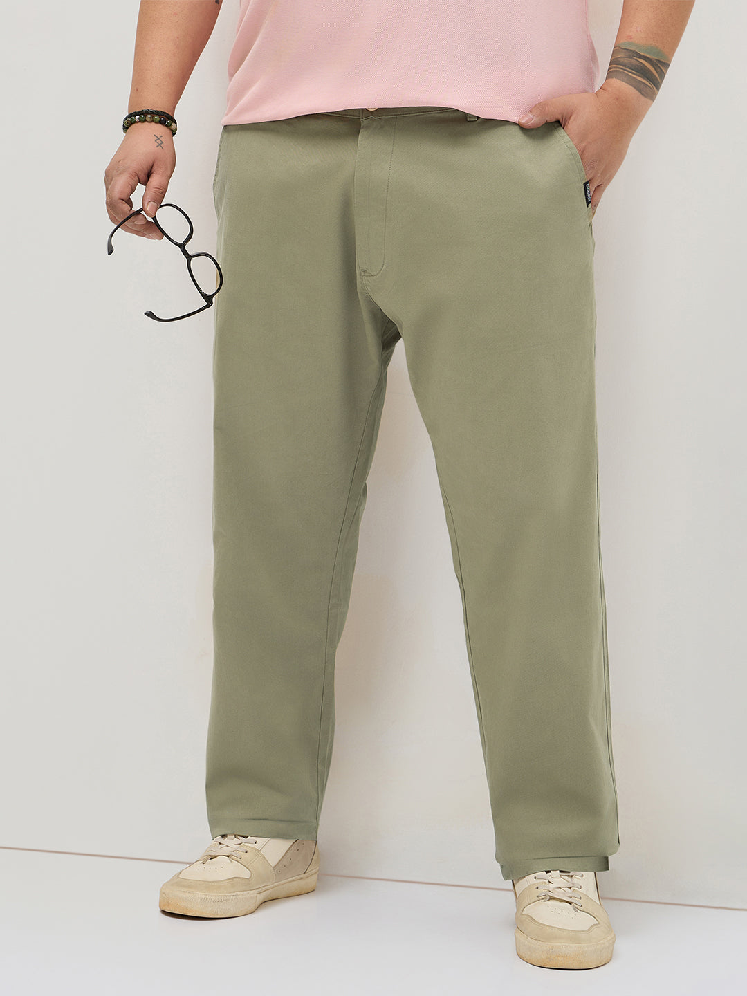 Plus Men's Light Olive Straight Fit Mid Rise Cotton Casual Chinos Trousers Stretch
