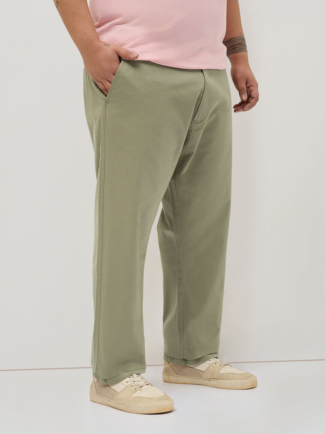 Plus Men's Light Olive Straight Fit Mid Rise Cotton Casual Chinos Trousers Stretch