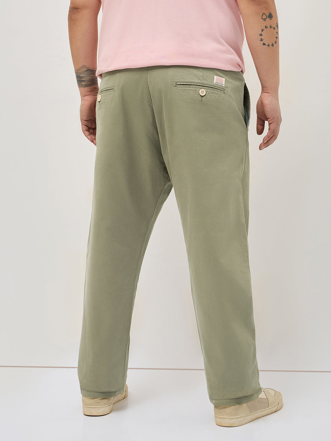 Plus Men's Light Olive Straight Fit Mid Rise Cotton Casual Chinos Trousers Stretch