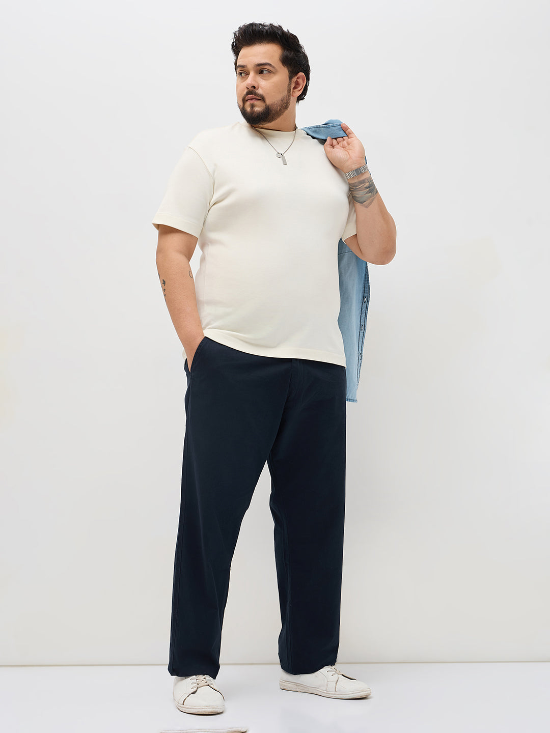 Plus Men's Navy Straight Fit Mid Rise Cotton Casual Chinos Trousers Stretch