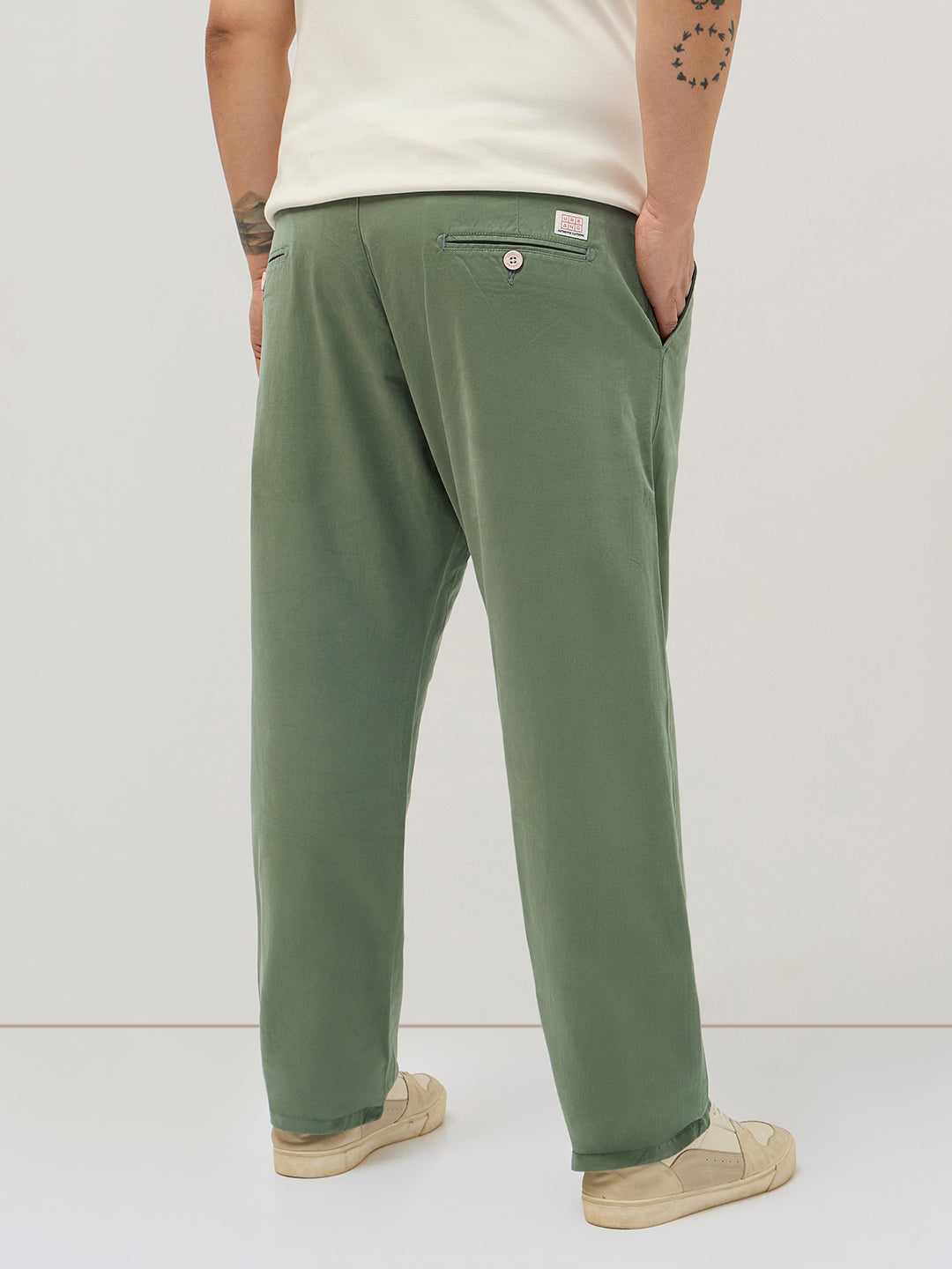 Plus Men's Sage Green Straight Fit Mid Rise Cotton Casual Chinos Trousers Stretch