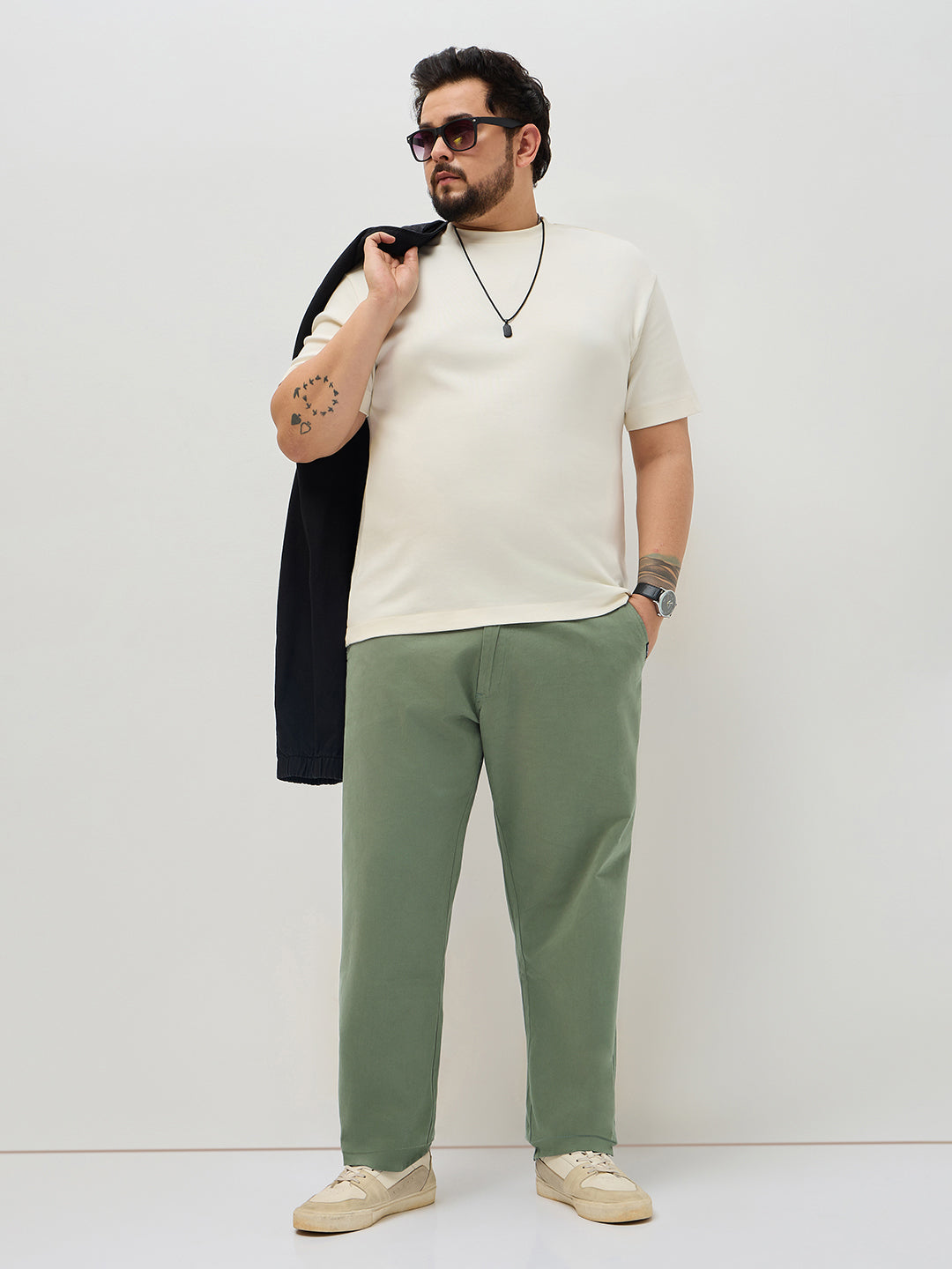 Plus Men's Sage Green Straight Fit Mid Rise Cotton Casual Chinos Trousers Stretch