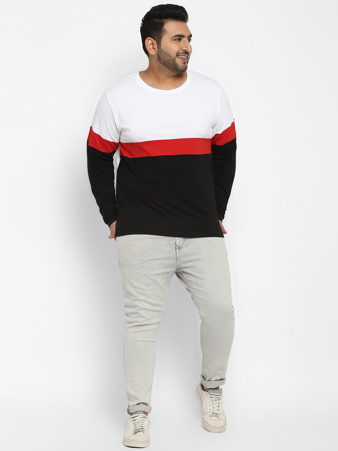 Plus Men's White, Red, Black Colour-Block Regular Fit Full Sleeve Cotton T-Shirt