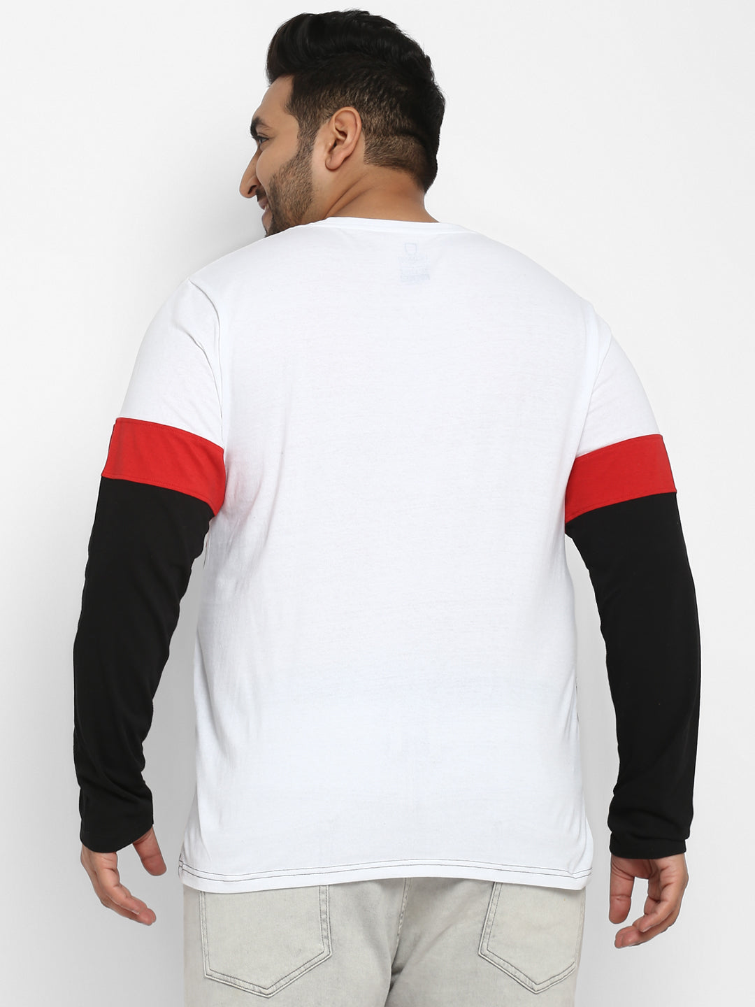 Plus Men's White, Red, Black Colour-Block Regular Fit Full Sleeve Cotton T-Shirt