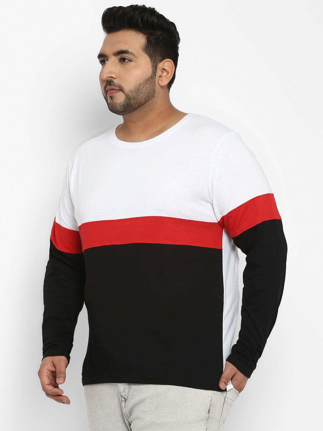 Plus Men's White, Red, Black Colour-Block Regular Fit Full Sleeve Cotton T-Shirt