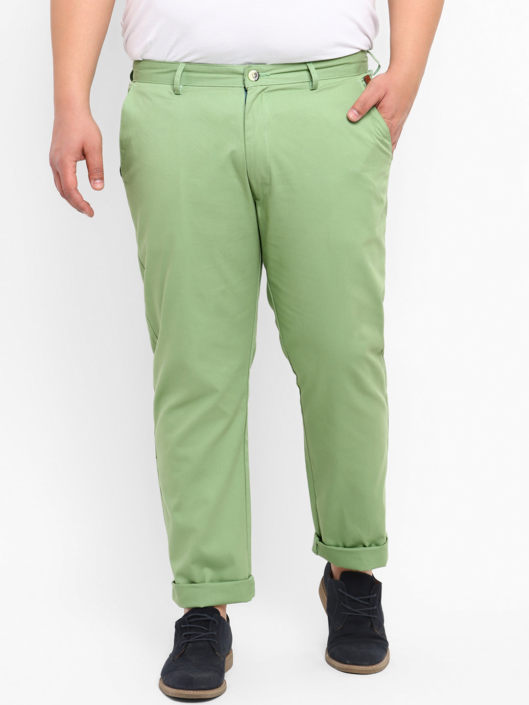 Plus Men's Green Cotton Light Weight Non-Stretch Regular Fit Casual Trousers