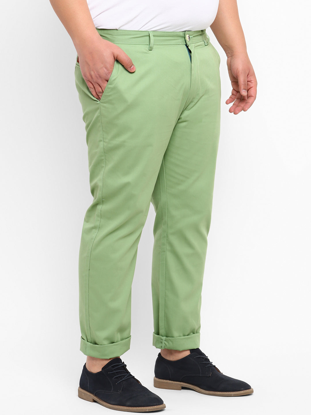 Plus Men's Green Cotton Light Weight Non-Stretch Regular Fit Casual Trousers