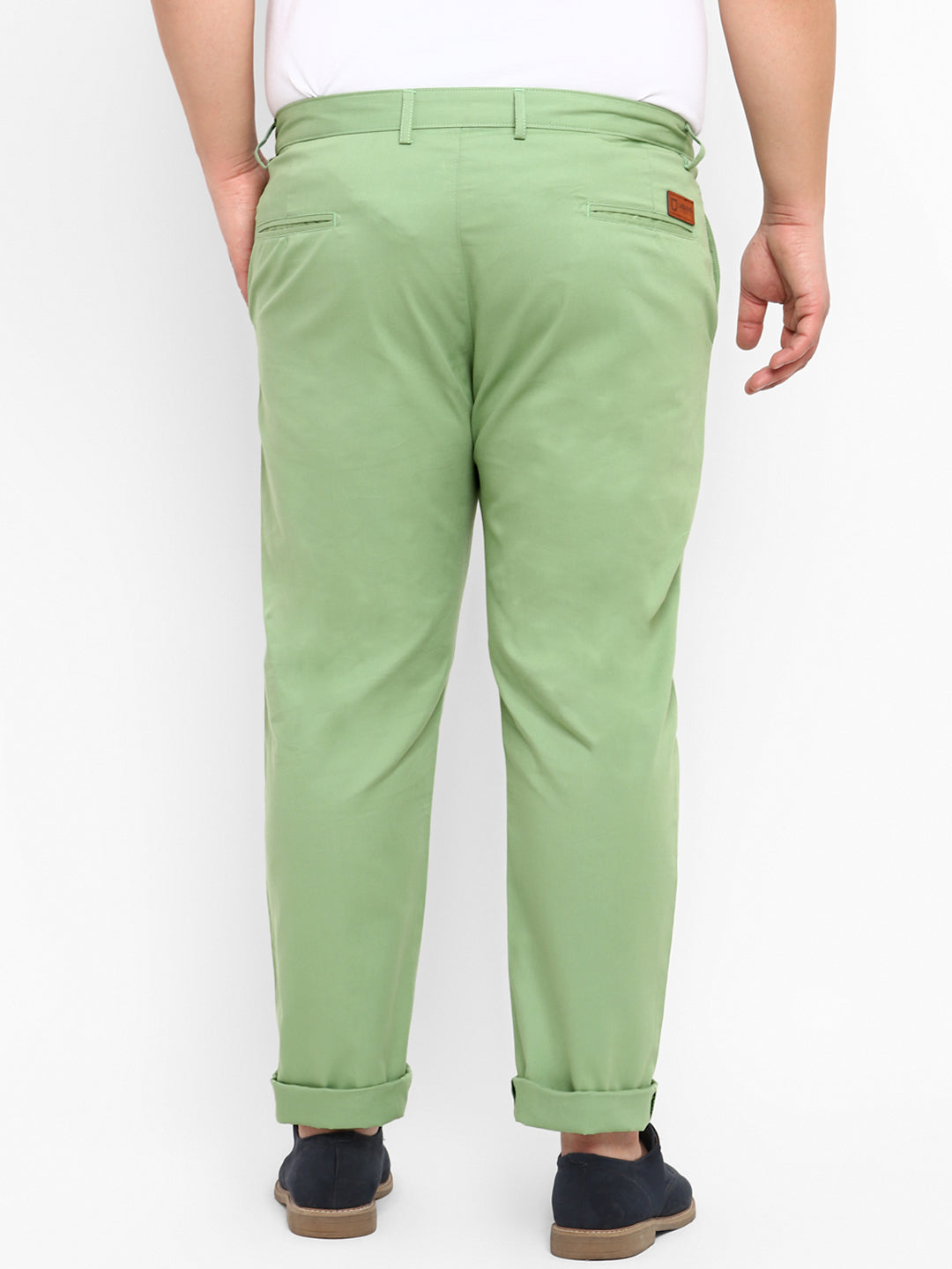 Plus Men's Green Cotton Light Weight Non-Stretch Regular Fit Casual Trousers