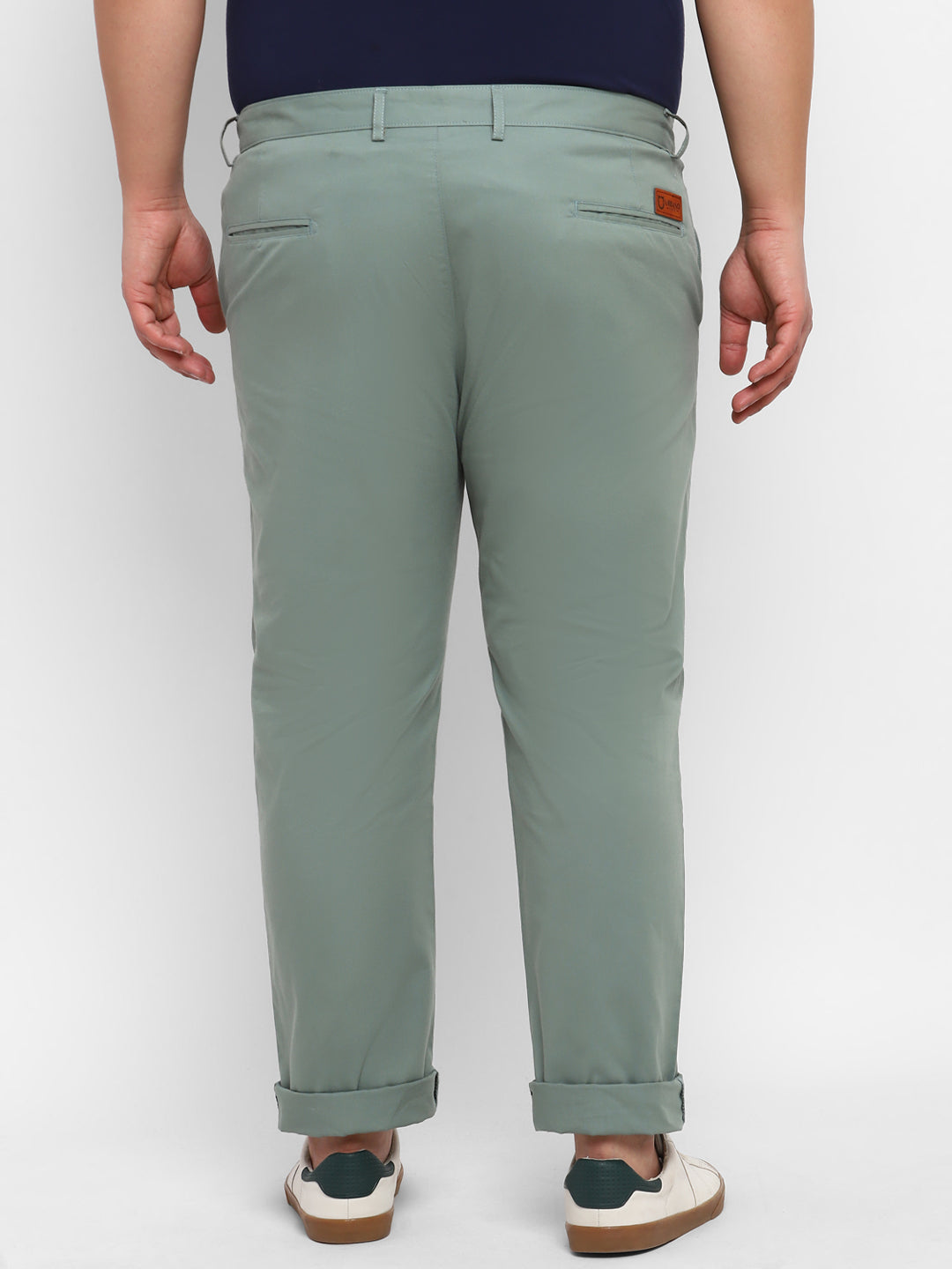 Plus Men's Green Cotton Light Weight Non-Stretch Regular Fit Casual Trousers