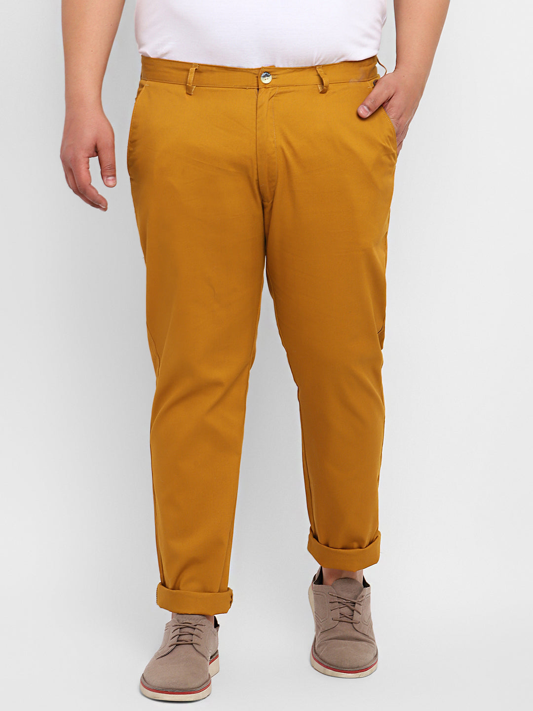 Plus Men's Yellow Cotton Light Weight Non-Stretch Regular Fit Casual Trousers