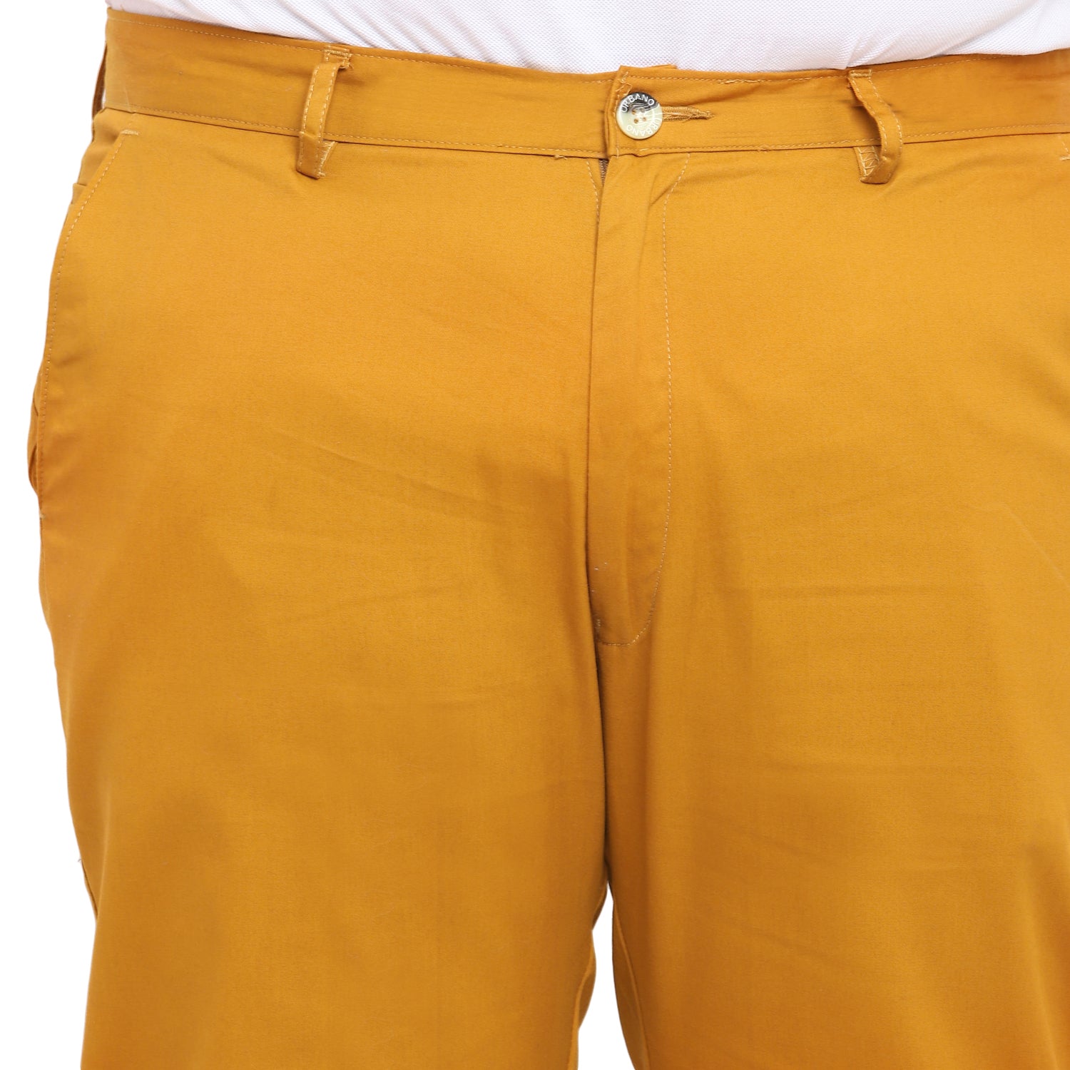 Plus Men's Yellow Cotton Light Weight Non-Stretch Regular Fit Casual Trousers