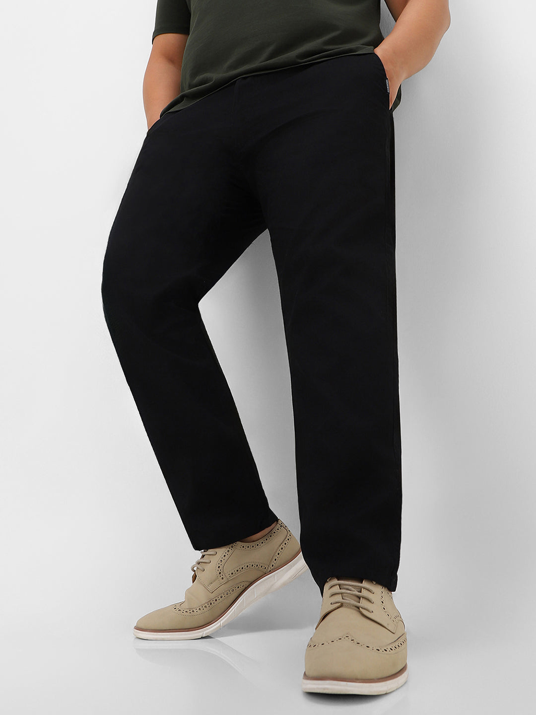 Plus Men's Black Cotton Light Weight Non-Stretch Regular Fit Casual Trousers