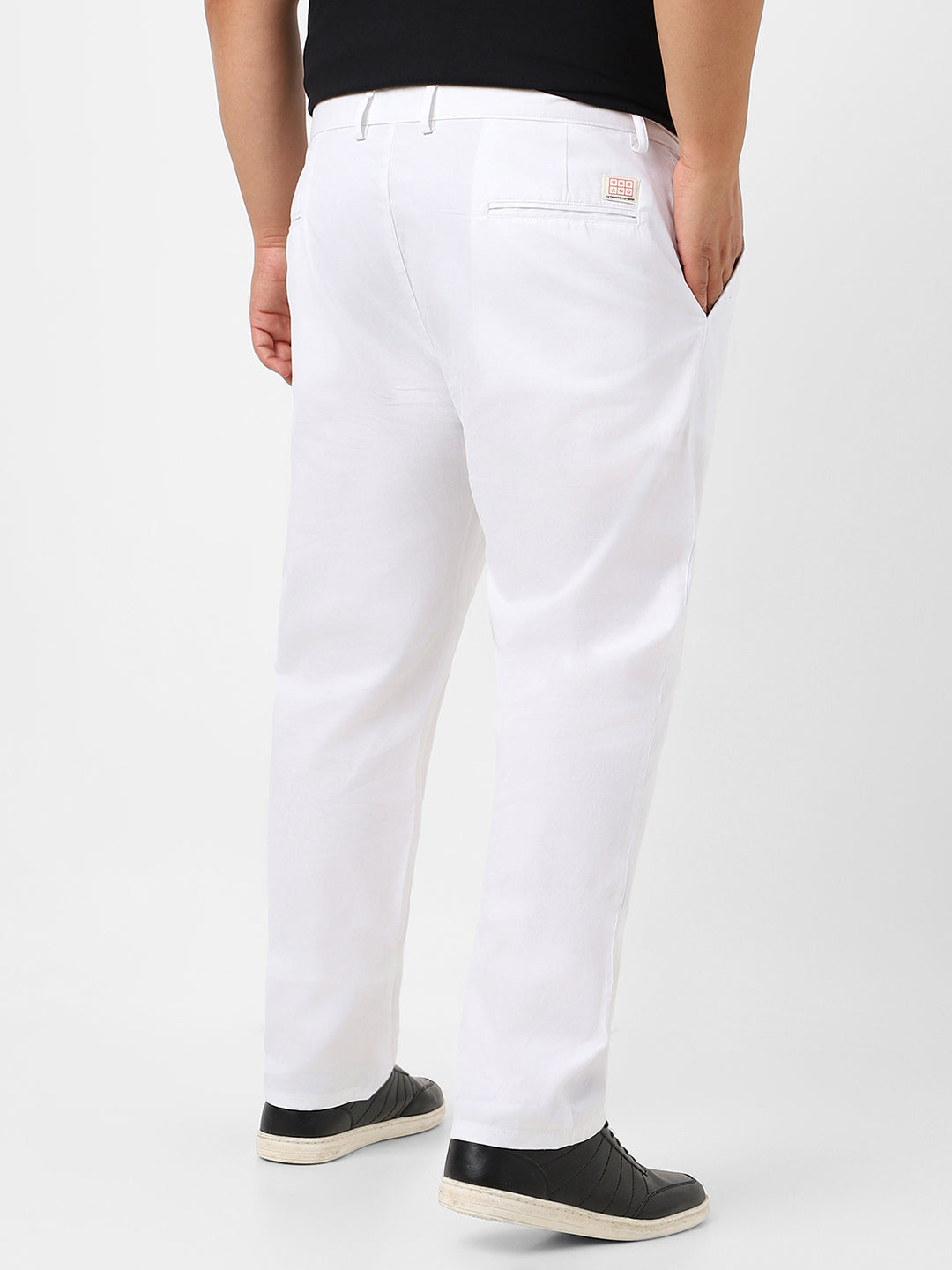 Plus Men's White Cotton Light Weight Non-Stretch Regular Fit Casual Trousers