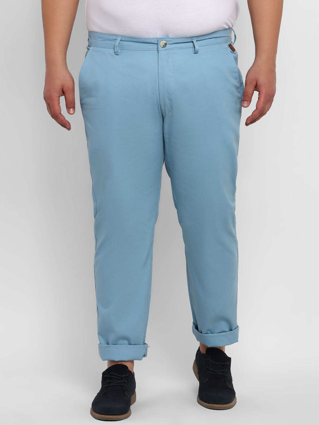 Plus Men's Blue Cotton Light Weight Non-Stretch Regular Fit Casual Trousers