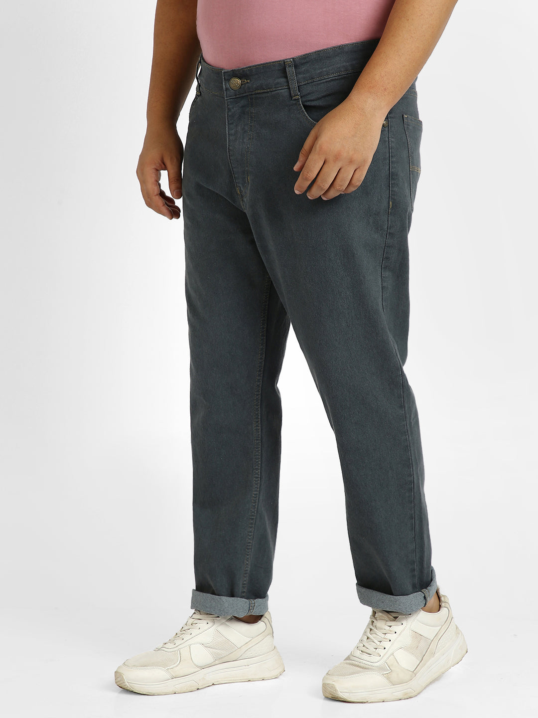 Plus Men's Grey Regular Fit Washed Jeans Stretchable