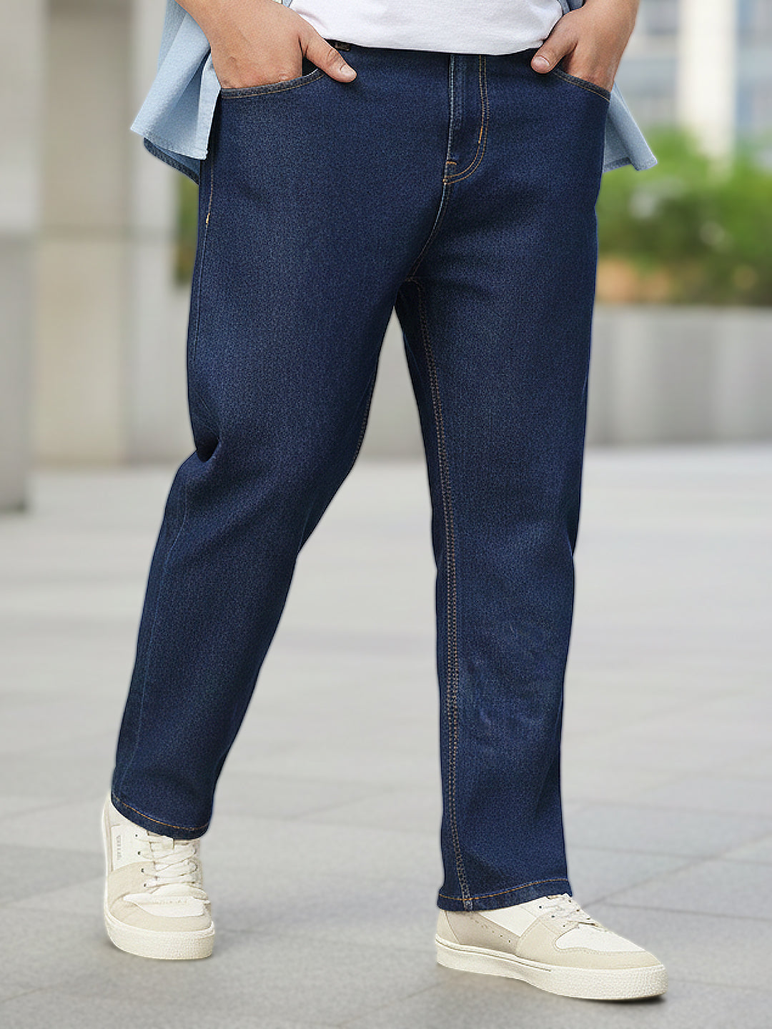 Plus Men's Blue Regular Fit Solid Jeans Stretchable