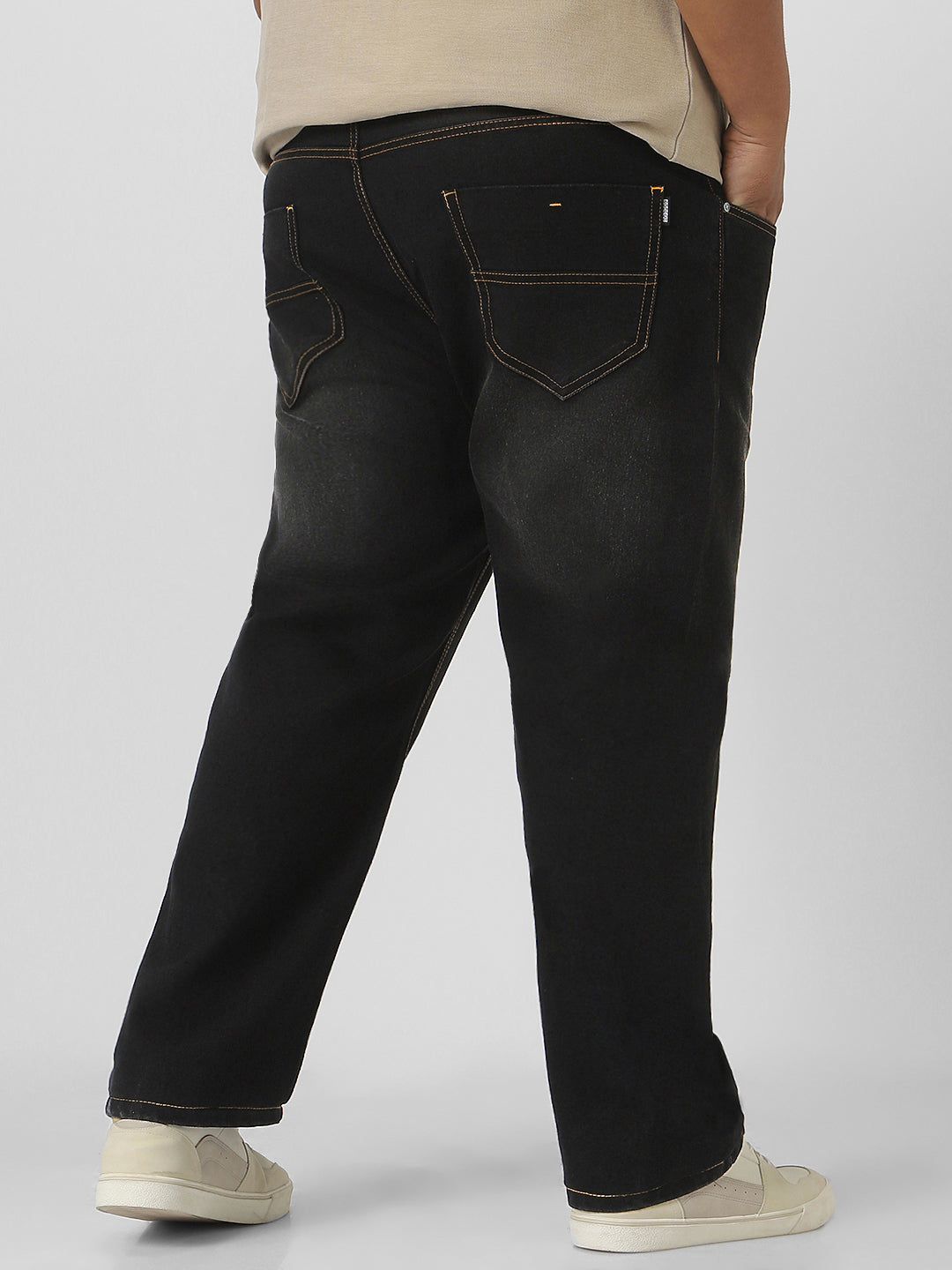 Plus Men's Black Regular Fit Washed Jeans Stretchable