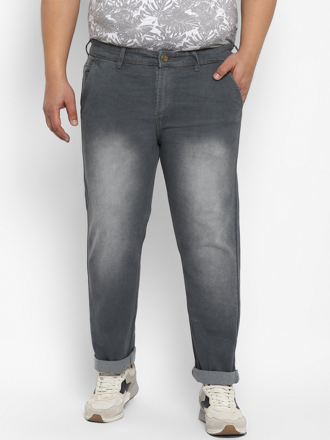 Plus Men's Grey Regular Fit Washed Jeans Stretchable