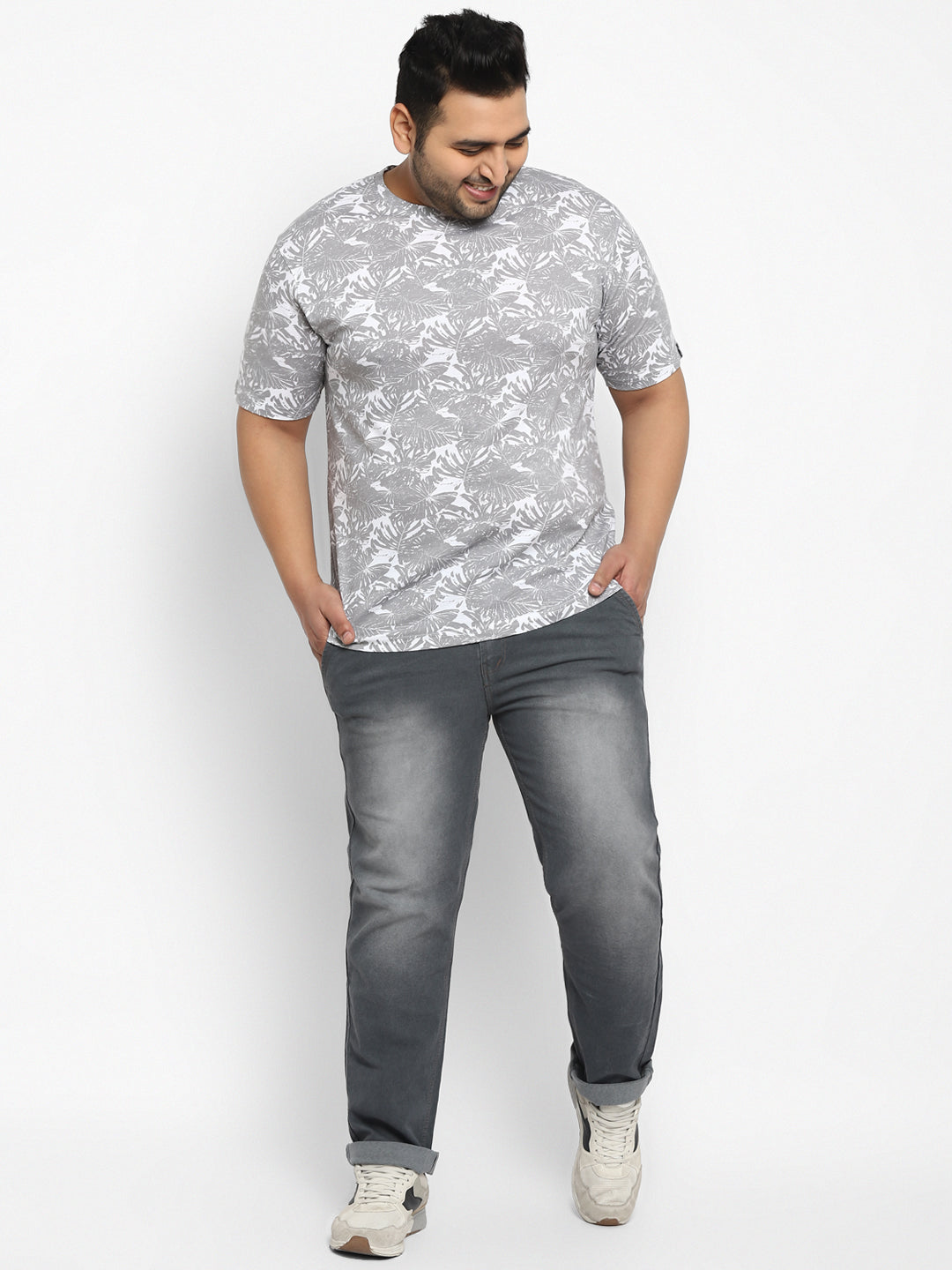 Plus Men's Grey Regular Fit Washed Jeans Stretchable
