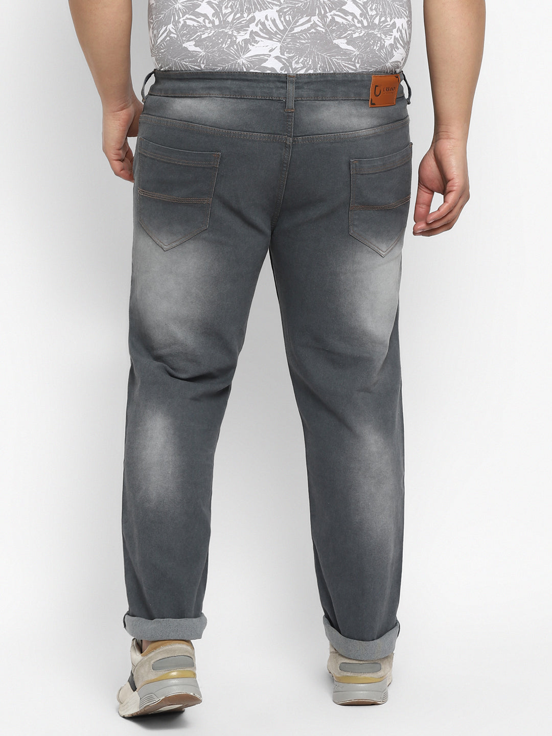 Plus Men's Grey Regular Fit Washed Jeans Stretchable