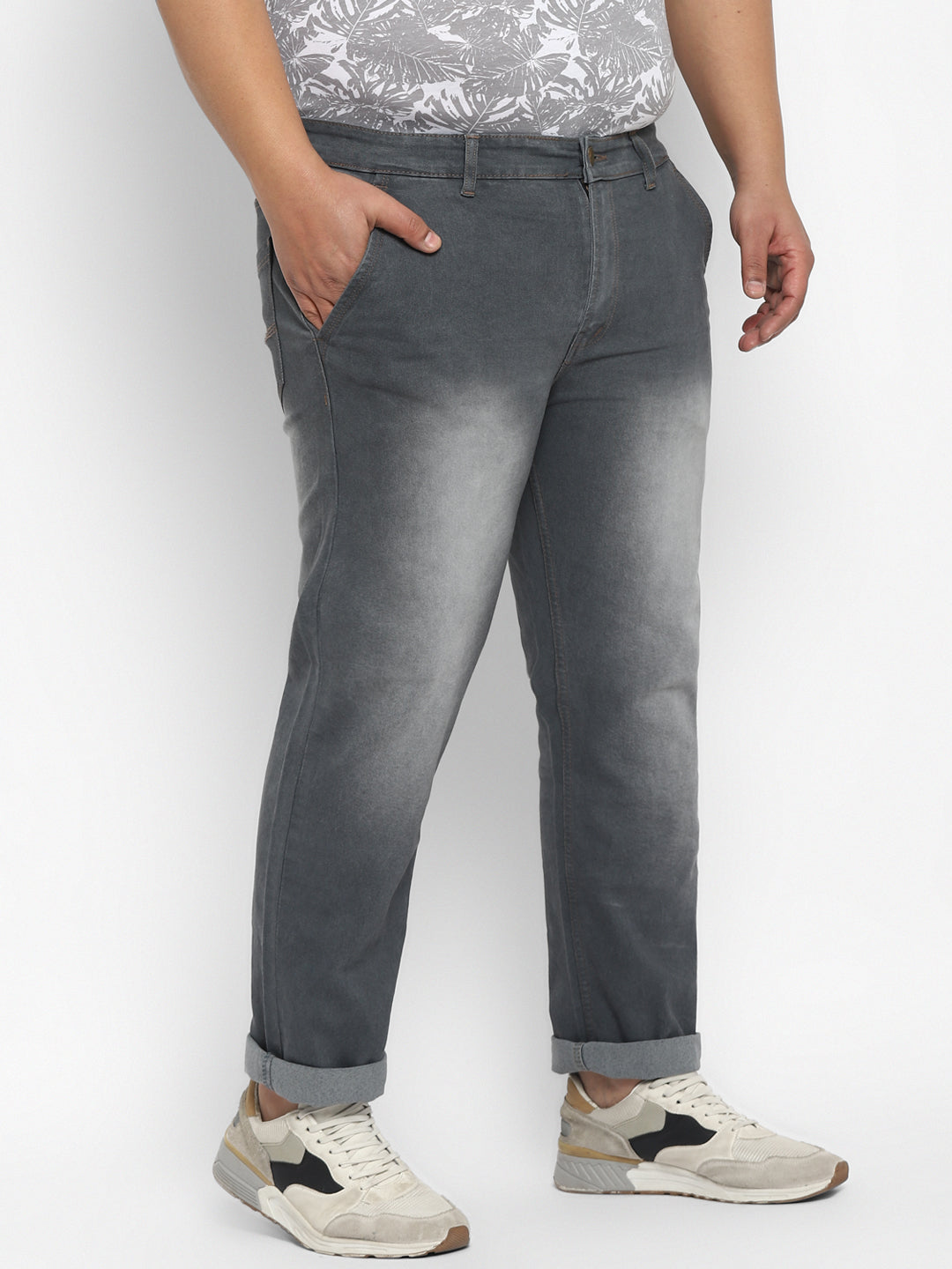 Plus Men's Grey Regular Fit Washed Jeans Stretchable