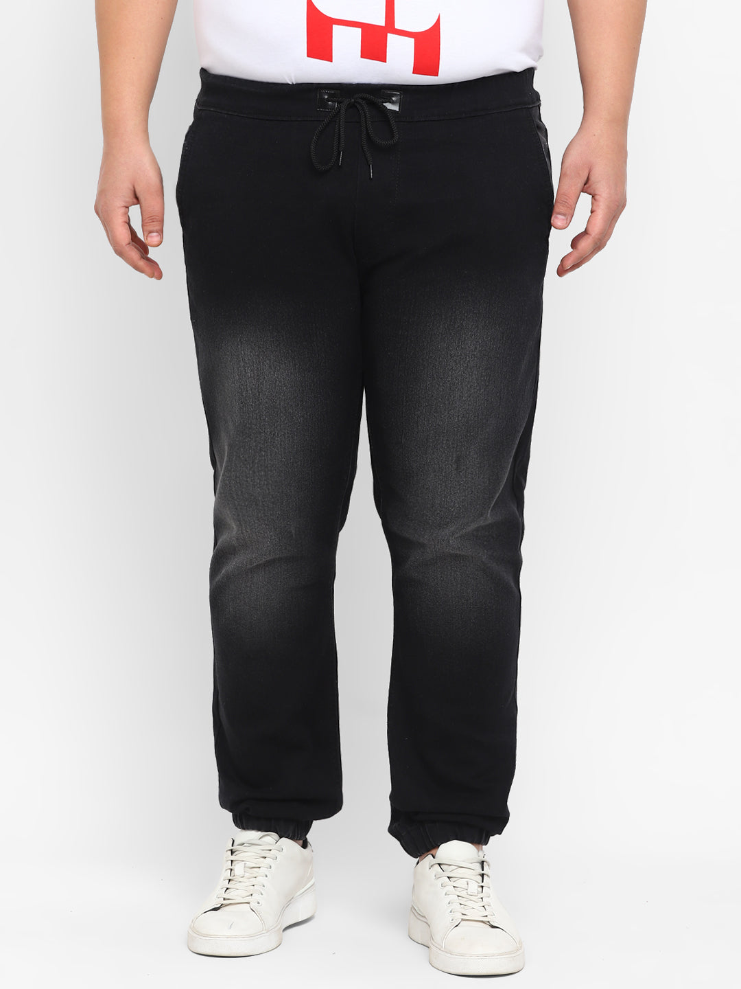 Urbano Plus Men's Black Regular Fit Washed Jogger Jeans Stretch