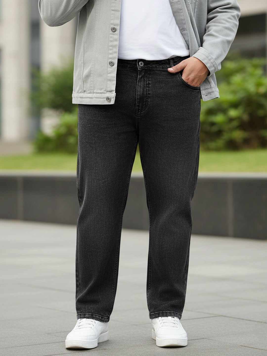 Plus Men's Black Regular Fit Washed Jeans Stretchable