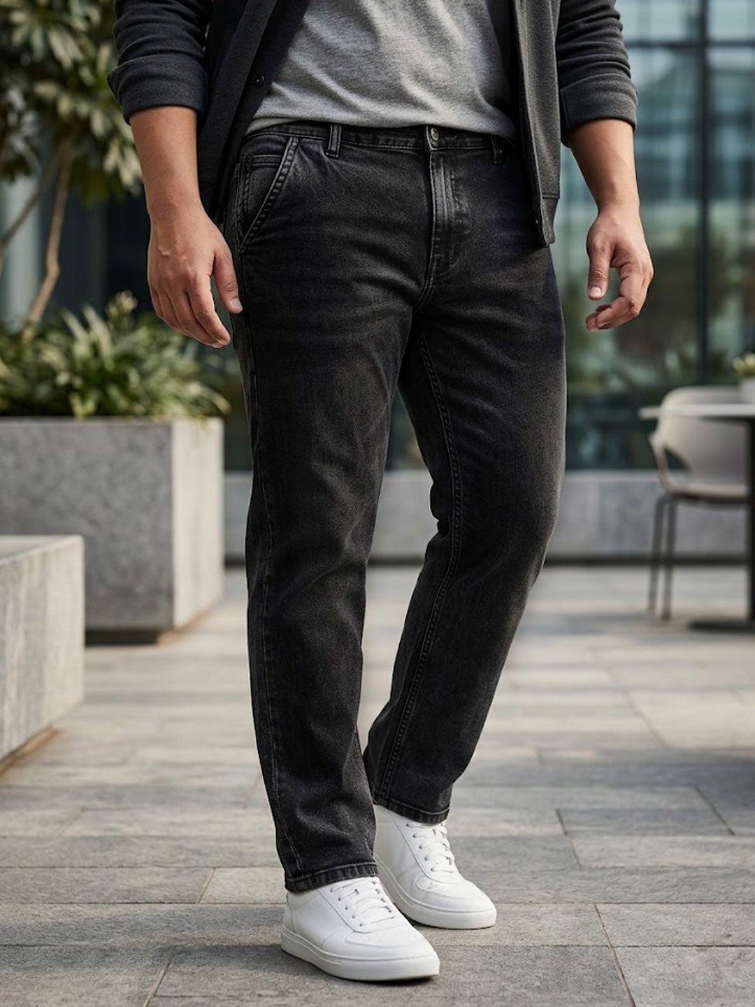 Plus Men's Black Regular Fit Washed Jeans Stretchable