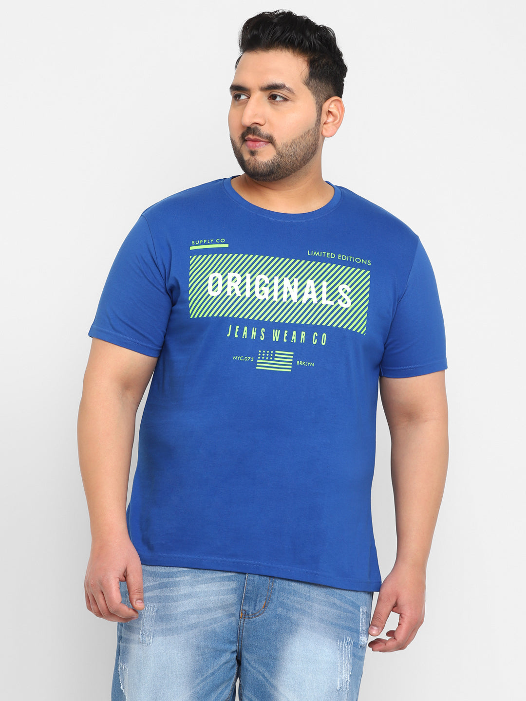 Plus Men's Blue Graphic Printed Half Sleeve Regular Fit Cotton T-Shirt