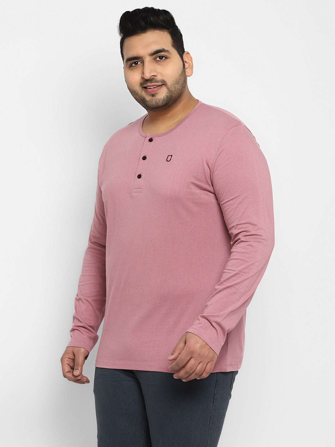 Plus Men's Lilac Solid Henley Neck Regular Fit Full Sleeve Cotton T-Shirt