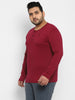 Plus Men's Maroon Solid Henley Neck Regular Fit Full Sleeve Cotton T-Shirt