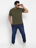 Plus Men's Dark Olive Green Solid Henley Neck Regular Fit Half Sleeve Cotton T-Shirt