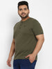 Plus Men's Dark Olive Green Solid Henley Neck Regular Fit Half Sleeve Cotton T-Shirt