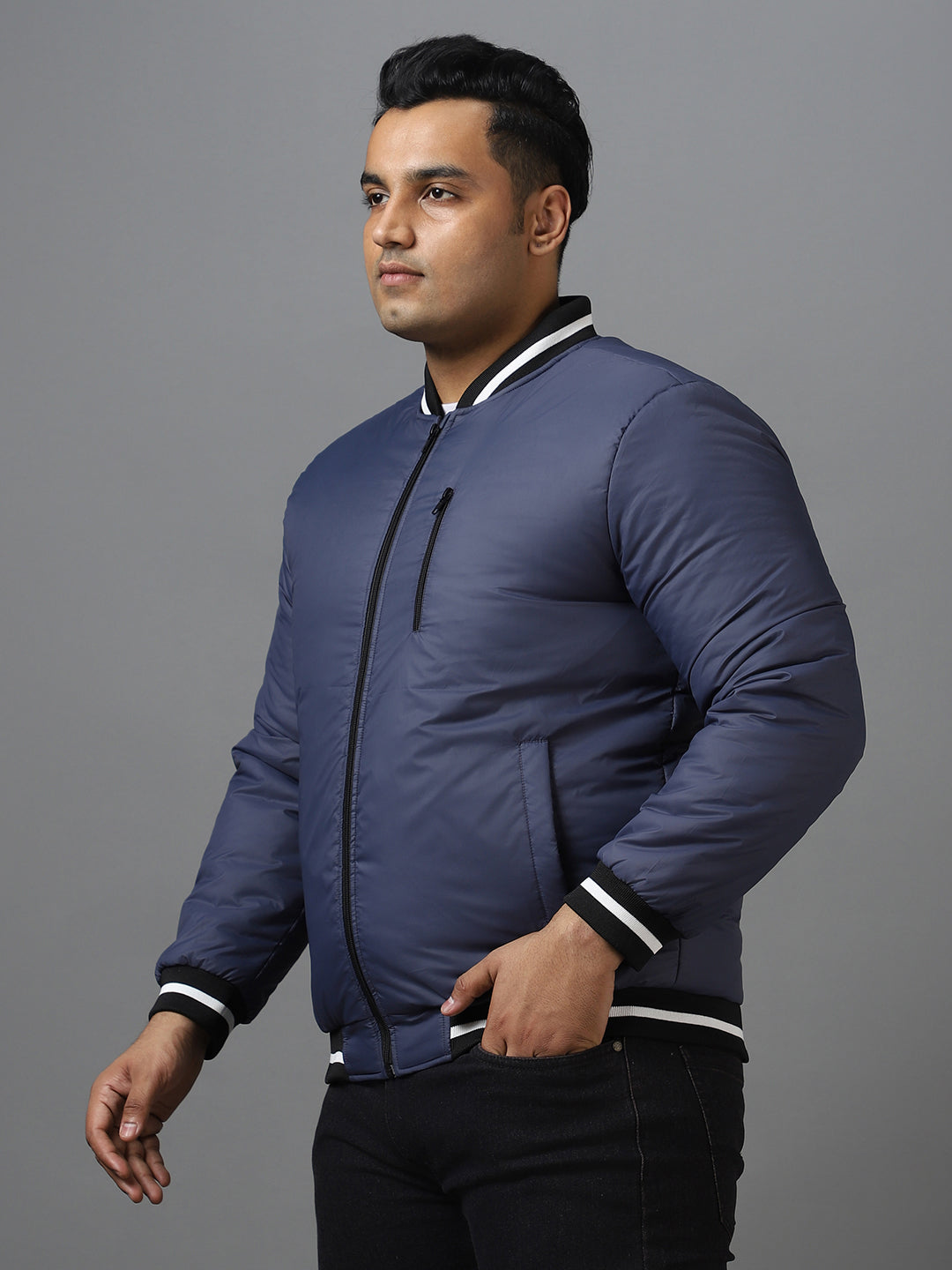 Urbano Plus Men's Blue Full Sleeve Zippered Bomber Jacket