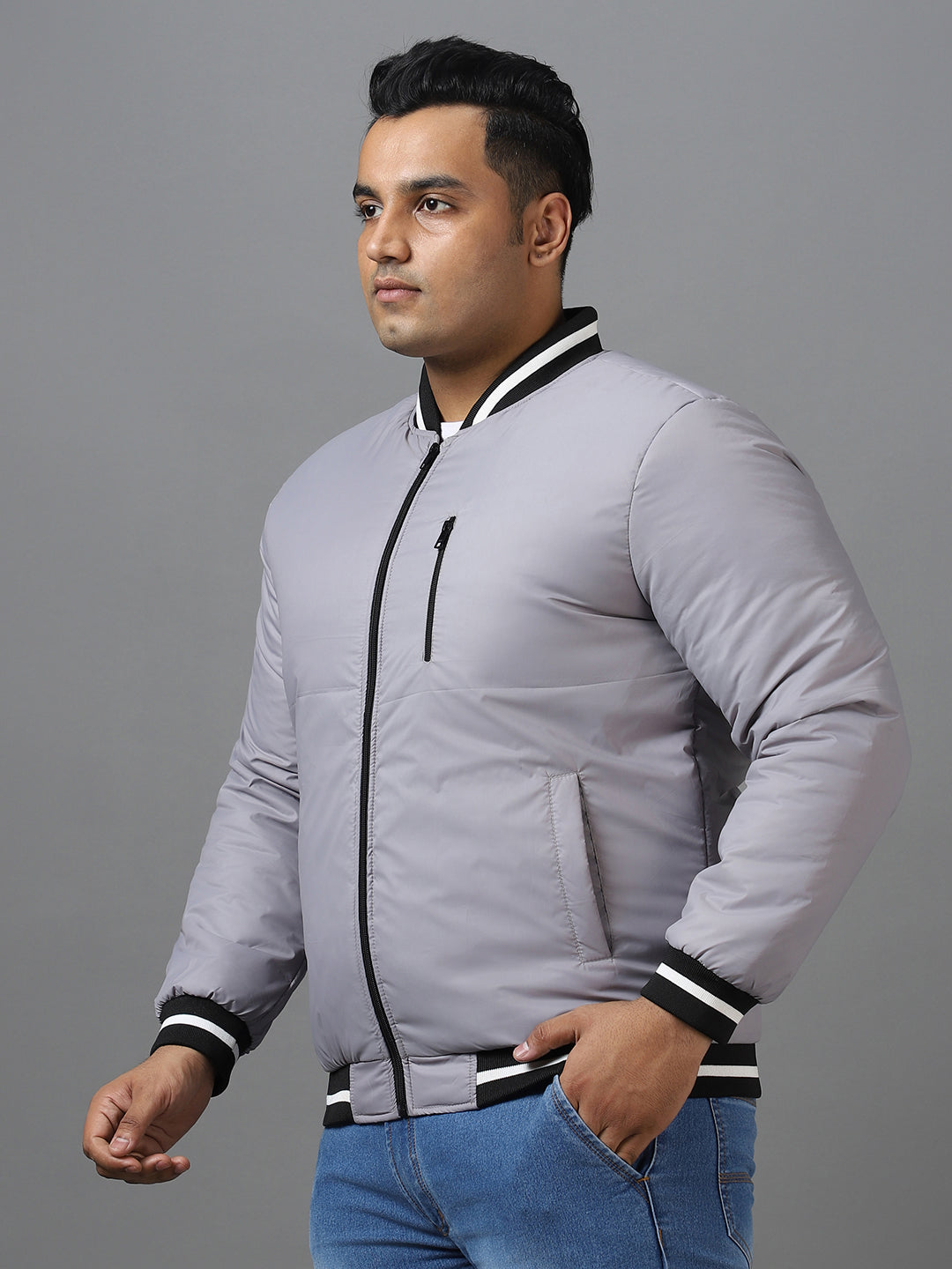 Urbano Plus Men's Grey Full Sleeve Zippered Bomber Jacket