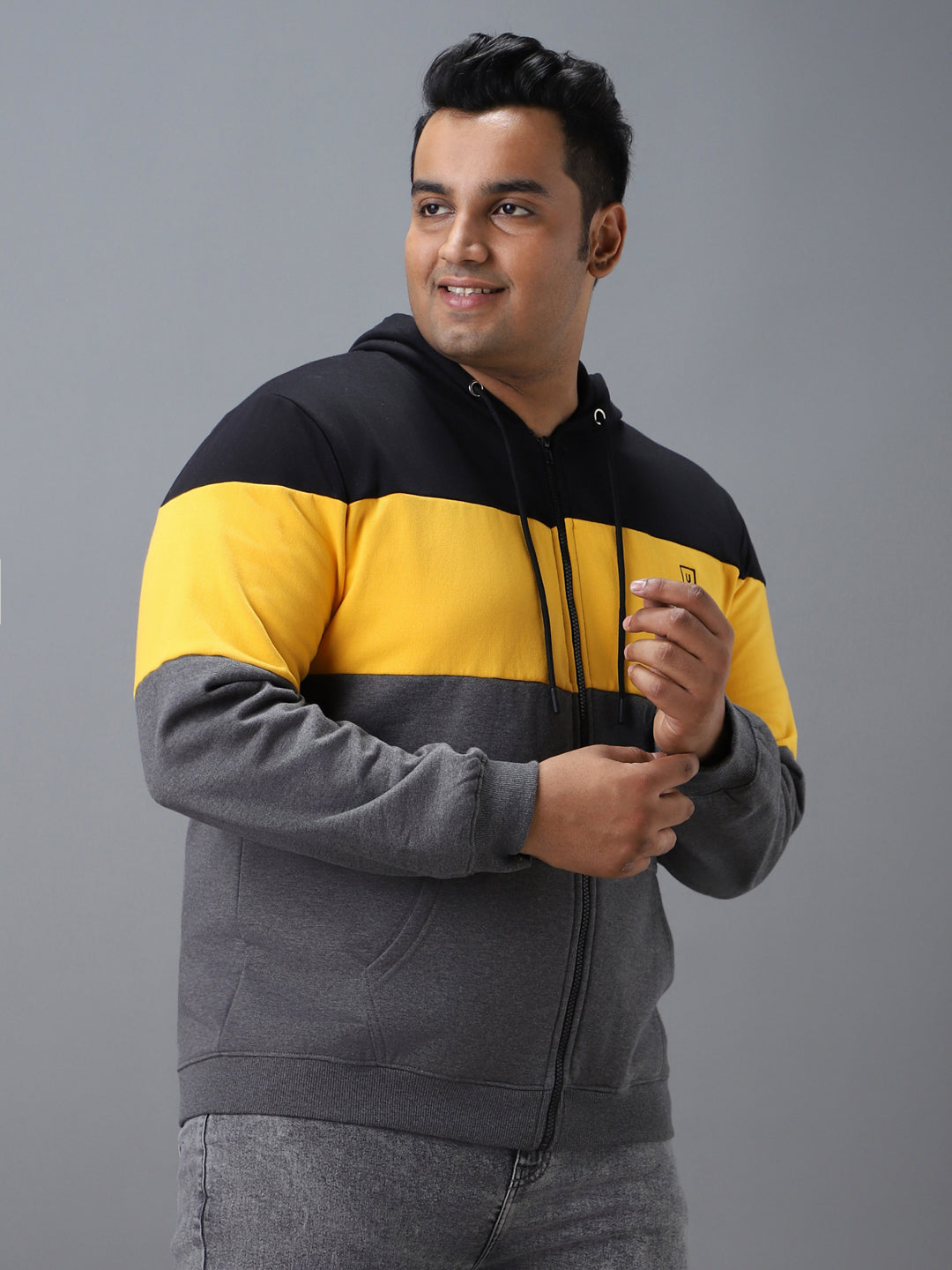 Urbano Plus Men's Black, Yellow, Charcoal Cotton Zippered Hooded Casual Winterwear Sweatshirt