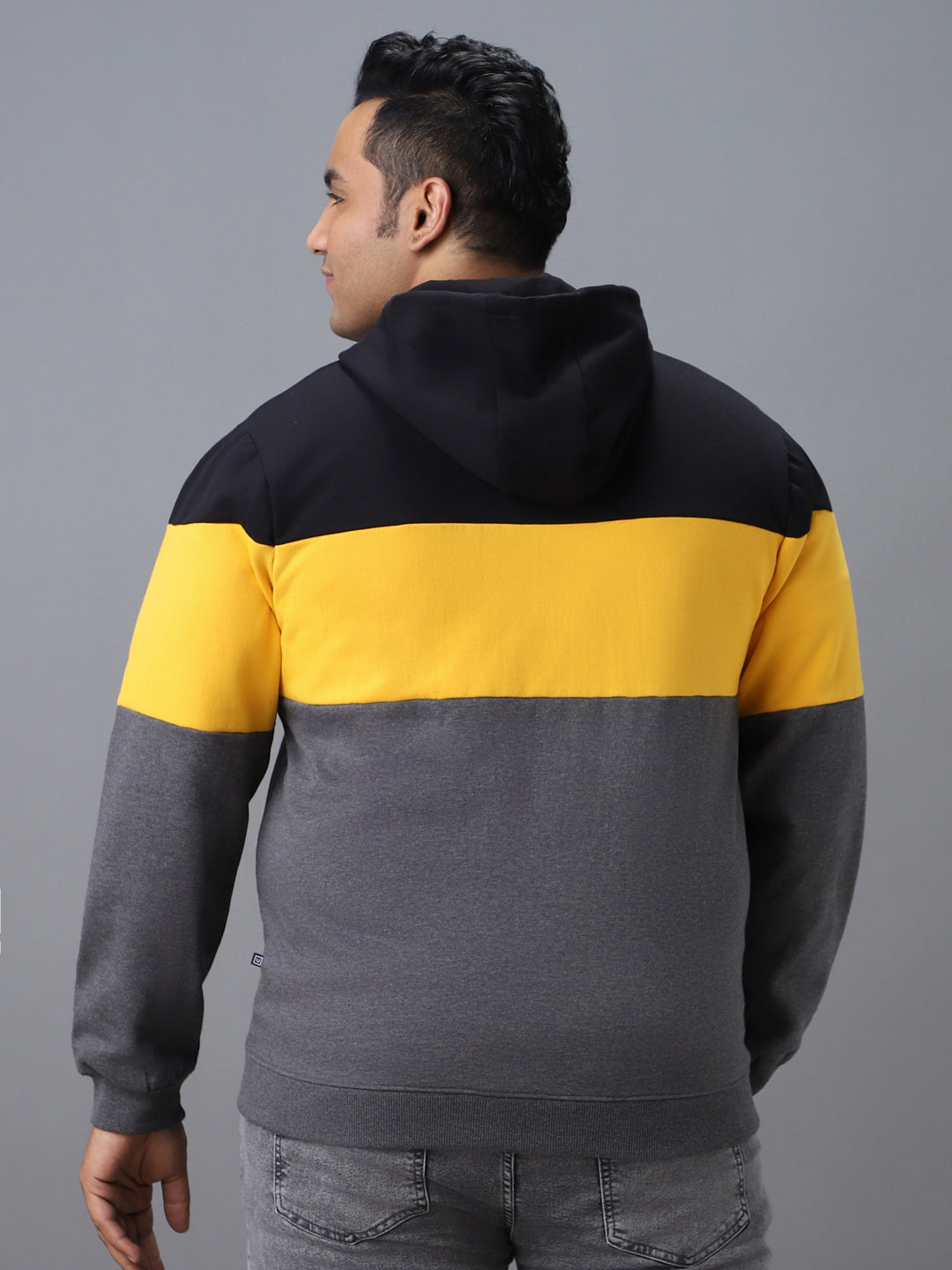 Urbano Plus Men's Black, Yellow, Charcoal Cotton Full Sleeve Zippered Hooded Sweatshirt