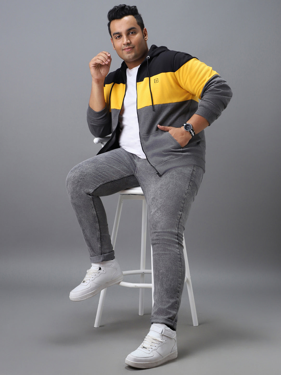 Urbano Plus Men's Black, Yellow, Charcoal Cotton Full Sleeve Zippered Hooded Sweatshirt