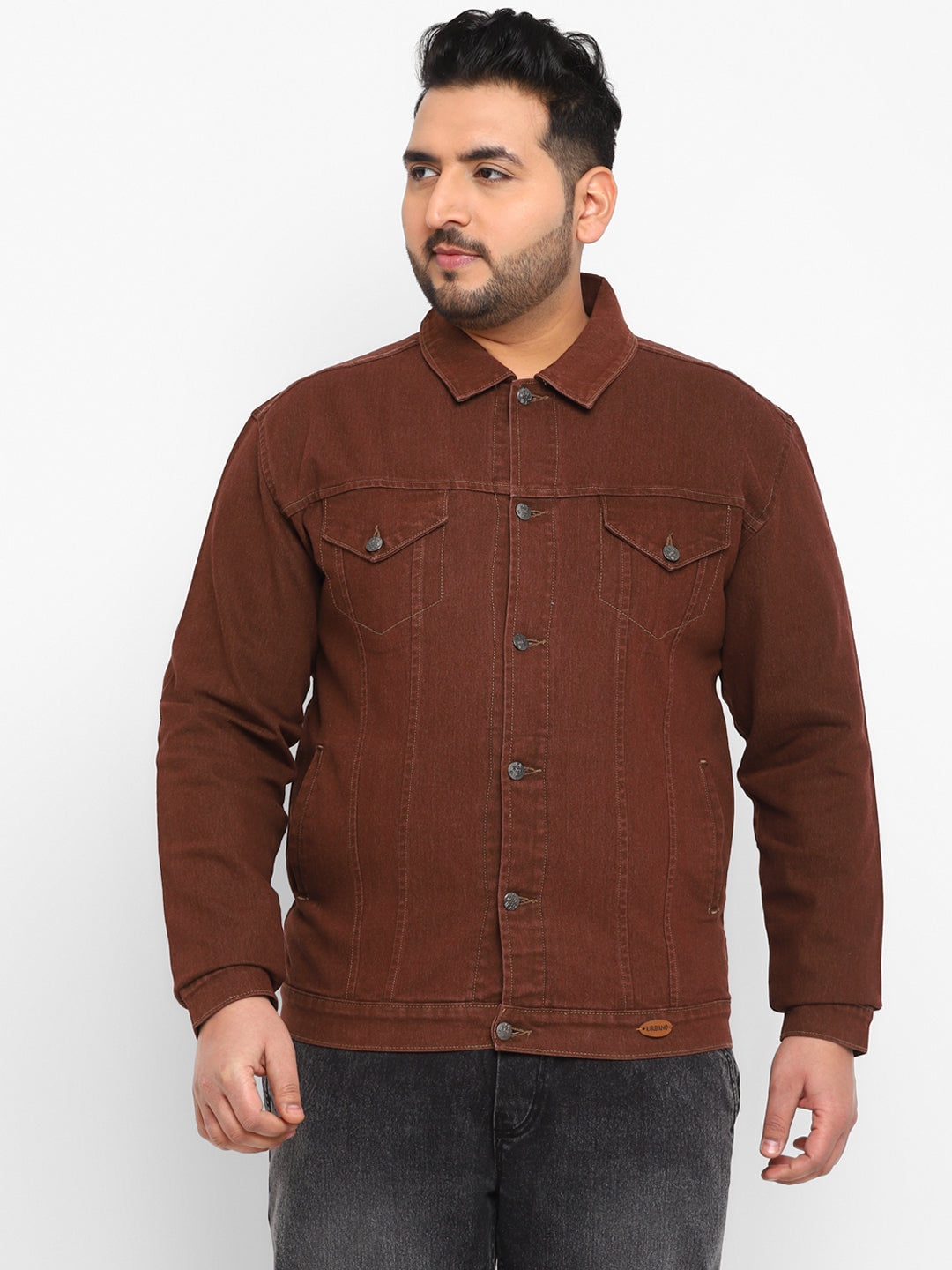 Plus Men's Brown Regular Fit Washed Full Sleeve Denim Jacket