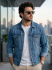 Plus Men's Light Blue Regular Fit Washed Full Sleeve Denim Jacket
