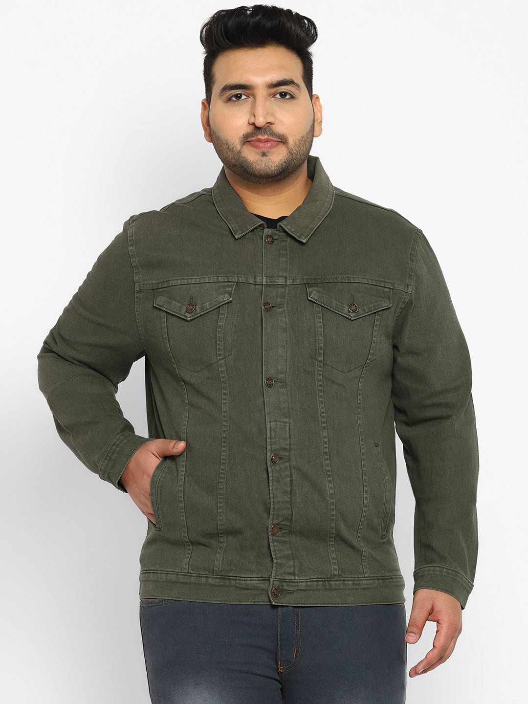 Urbano Plus Men's Olive Green Regular Fit Washed Full Sleeve Denim Jacket