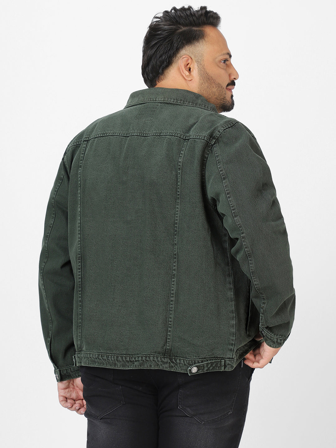 Plus Men's Olive Green Regular Fit Washed Full Sleeve Denim Jacket