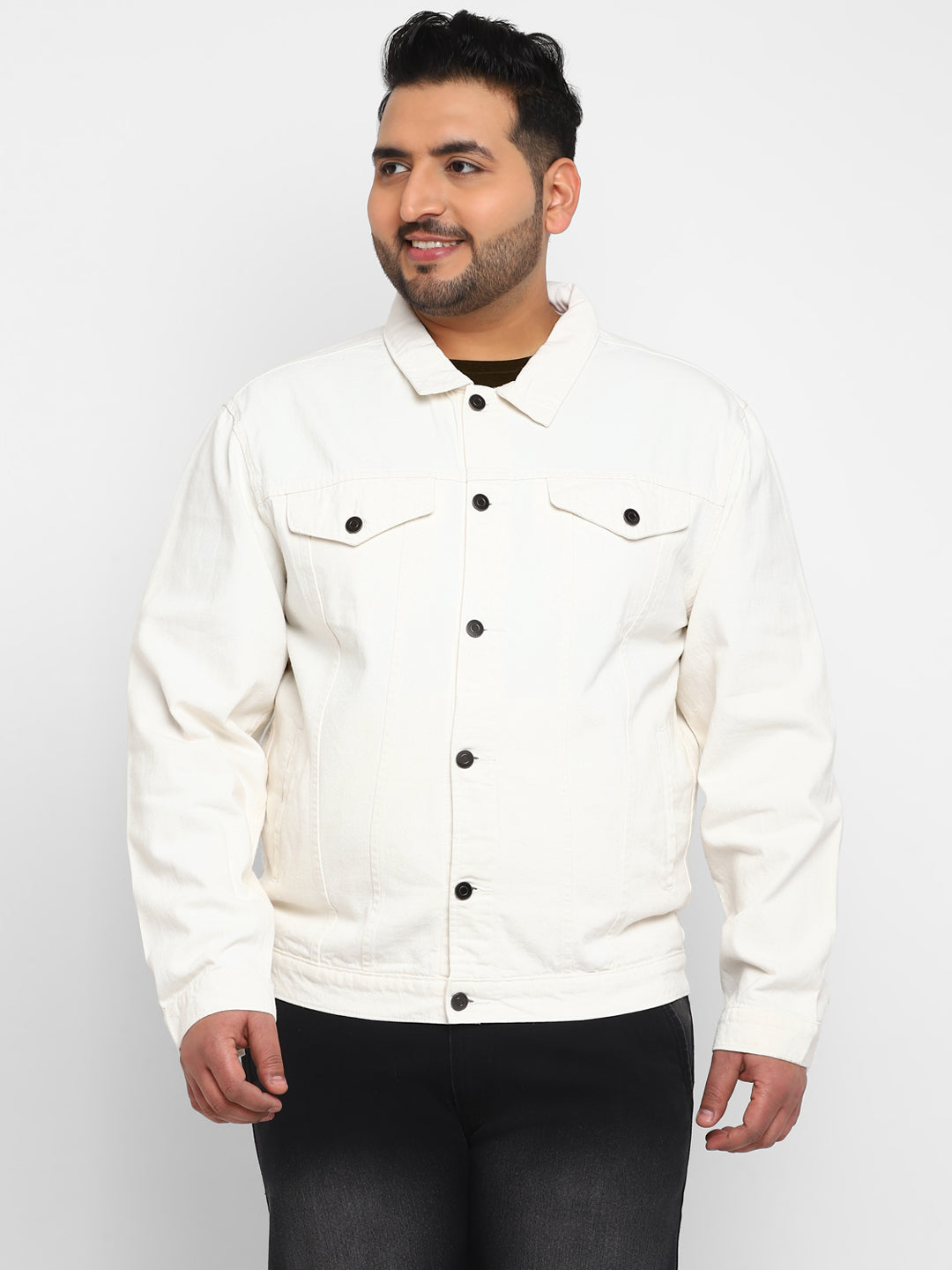 Plus Men's White Regular Fit Washed Full Sleeve Denim Jacket