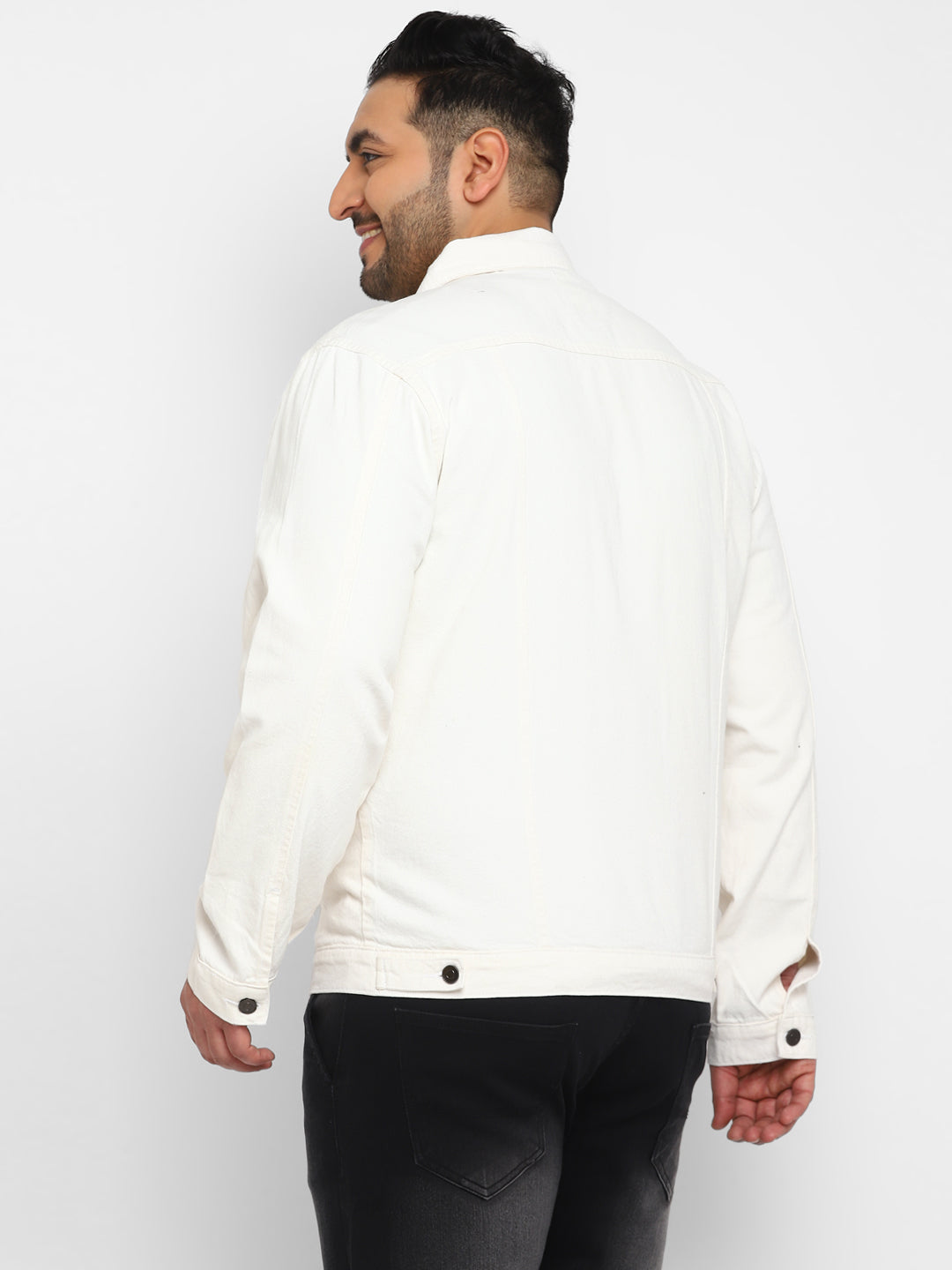 Plus Men's White Regular Fit Washed Full Sleeve Denim Jacket