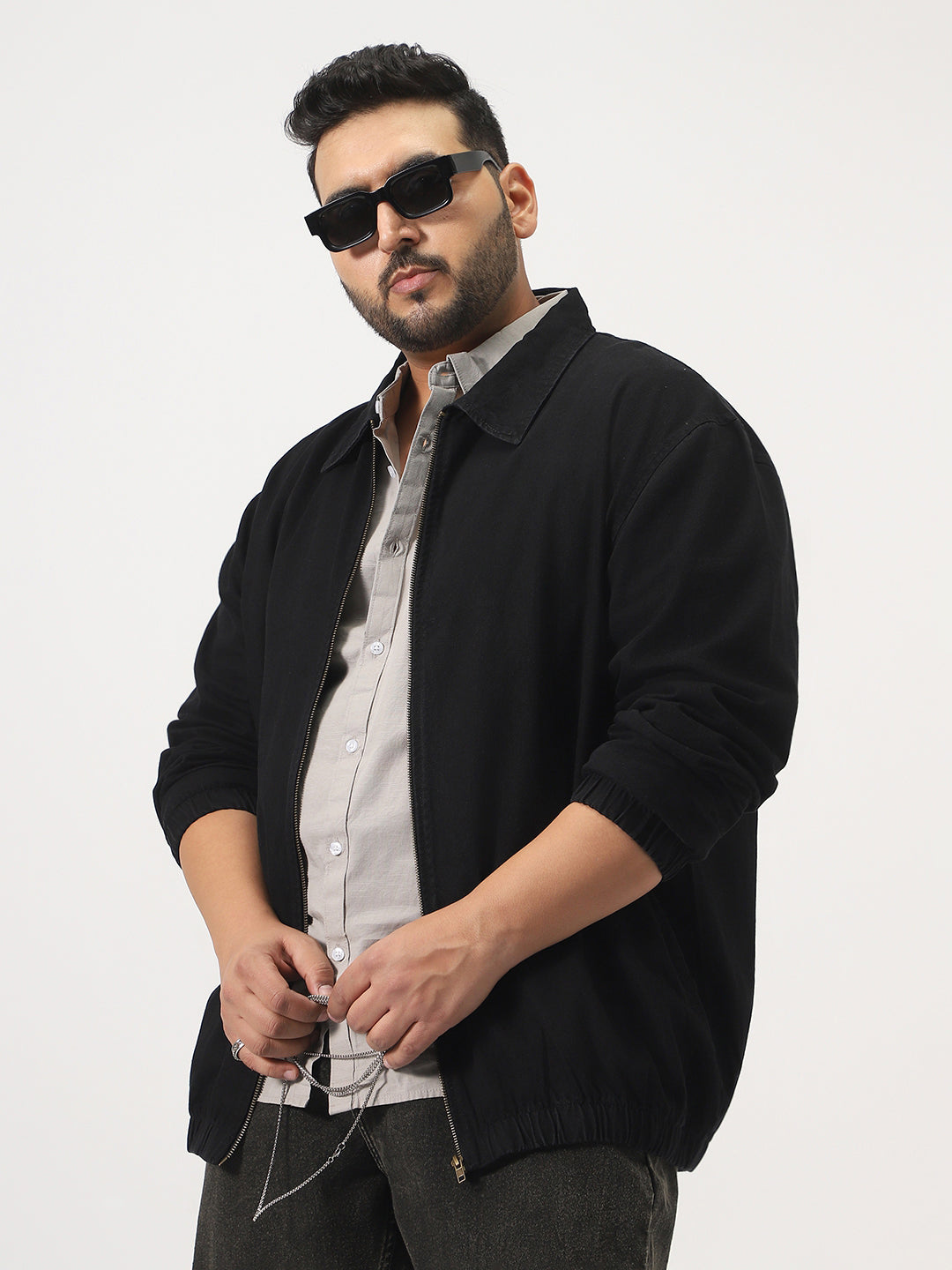 Plus Men's Black Relaxed Fit Full Sleeve Harrington Denim Jacket
