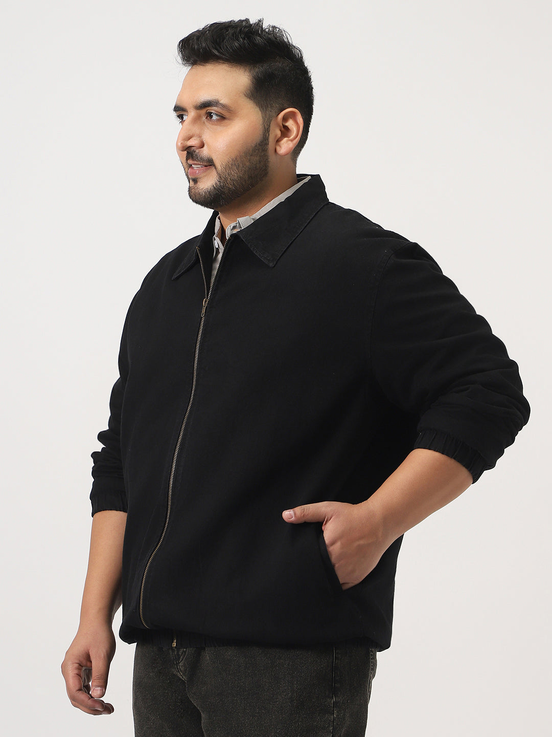 Plus Men's Black Relaxed Fit Full Sleeve Harrington Denim Jacket